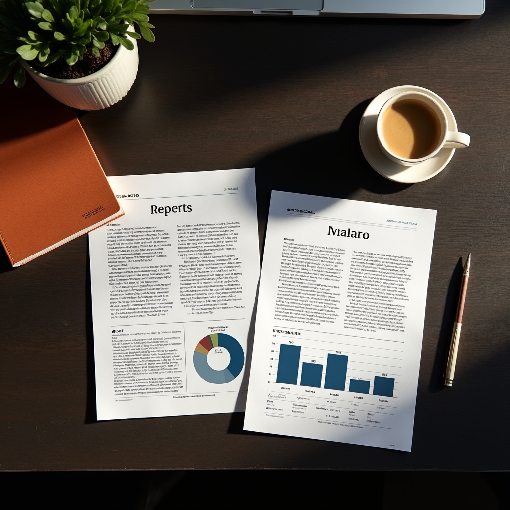 Before and after versions of a business report laid side by side on a wooden desk