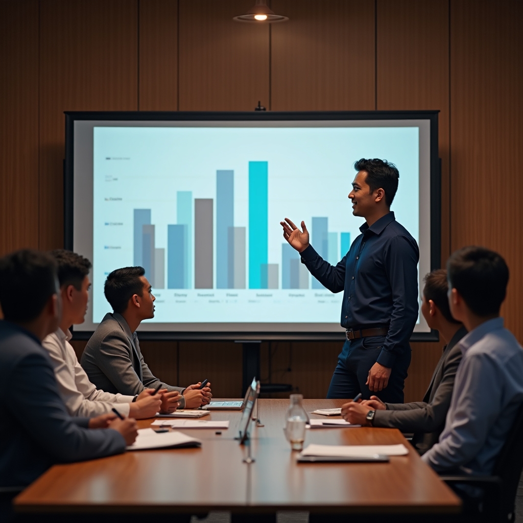 Workshop participant presenting a chart to colleagues seated around a conference table