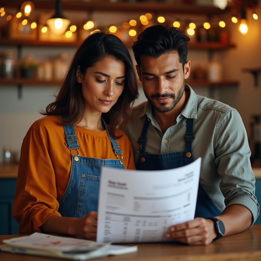 Small business owners reviewing a sales report together at a shop counter