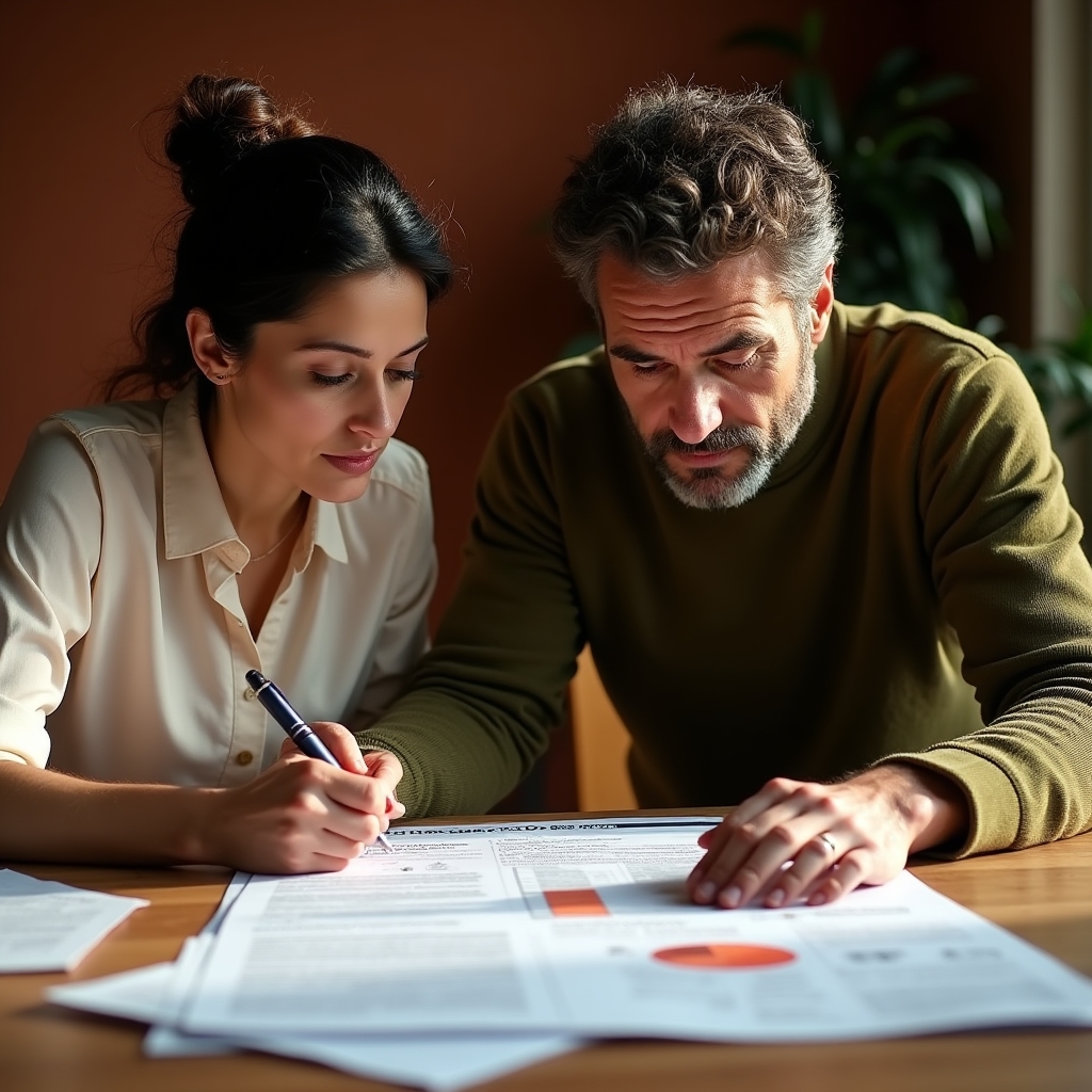 Two workshop participants comparing an original report page against a redesigned one-page summary